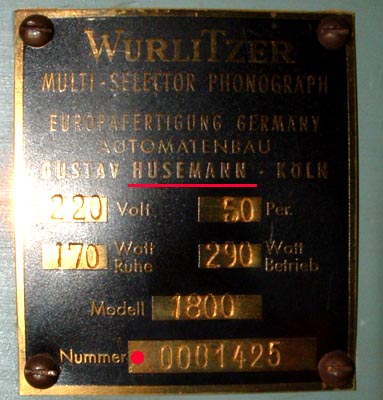 Typenschild Husemann Wurlitzer 1800