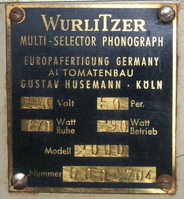Husemann Wurlitzer 2000 Typenschild