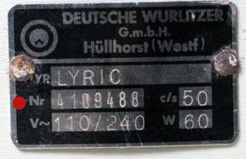 Deutsche Wurlitzer Lyric Typenschild